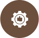 Gear icon with briefcase on brown circle.