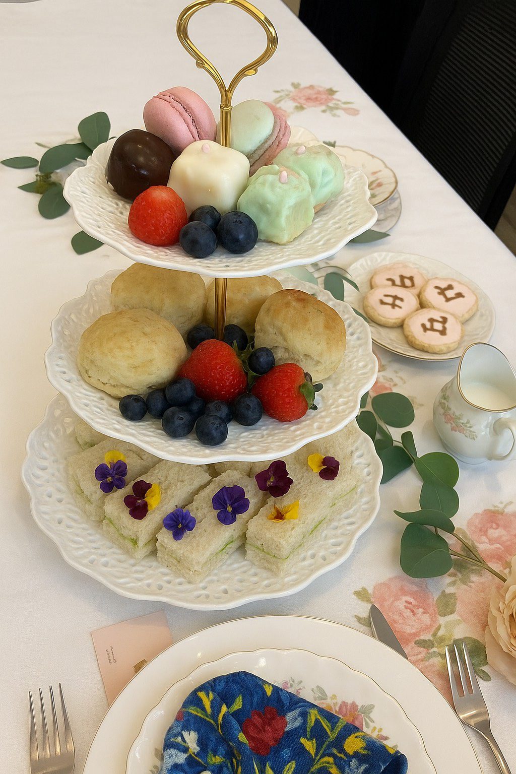 Elegant tea set with sandwiches, berries, and decorated cookies.