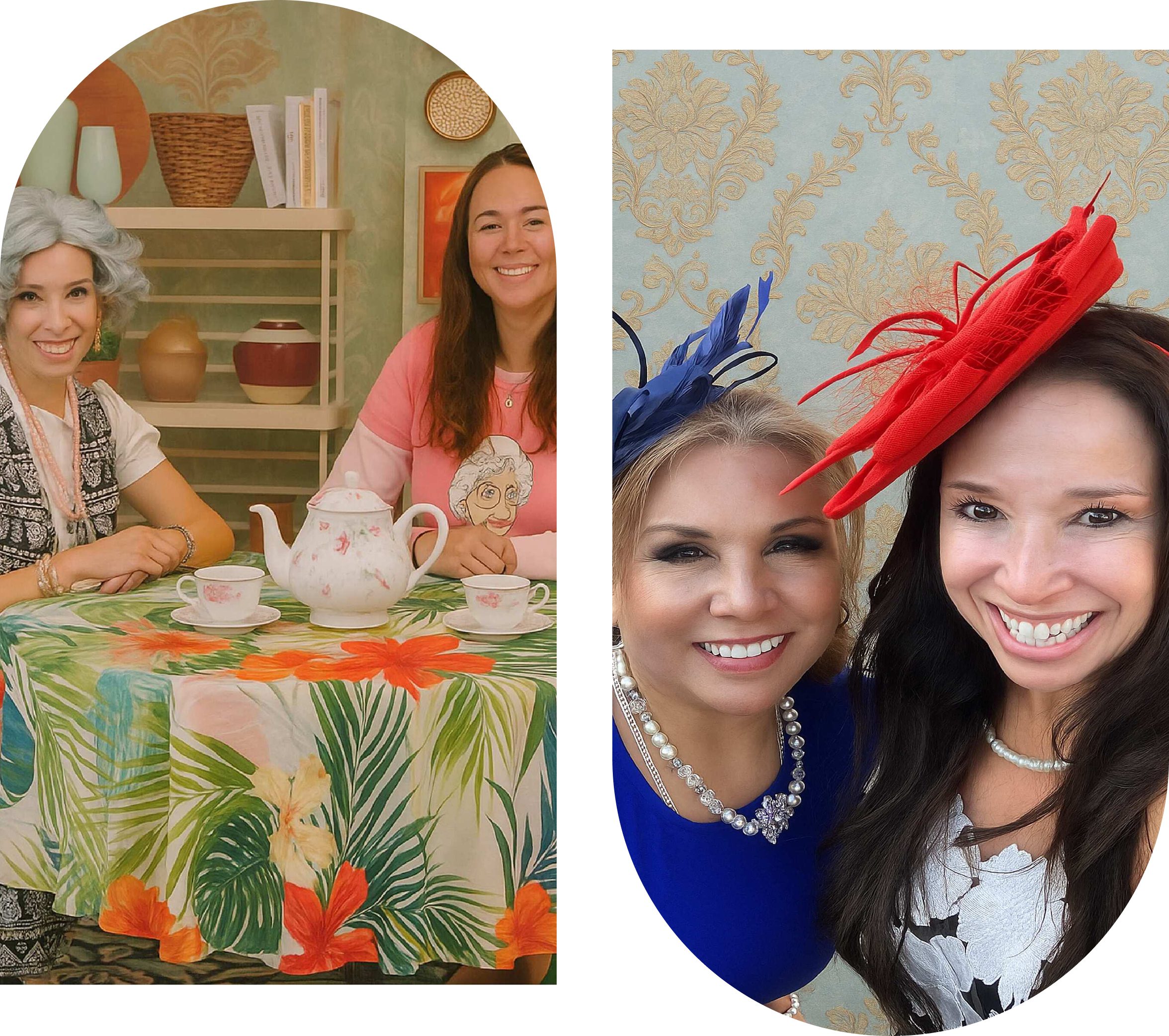 Two images showing women in colorful hats and casual settings.